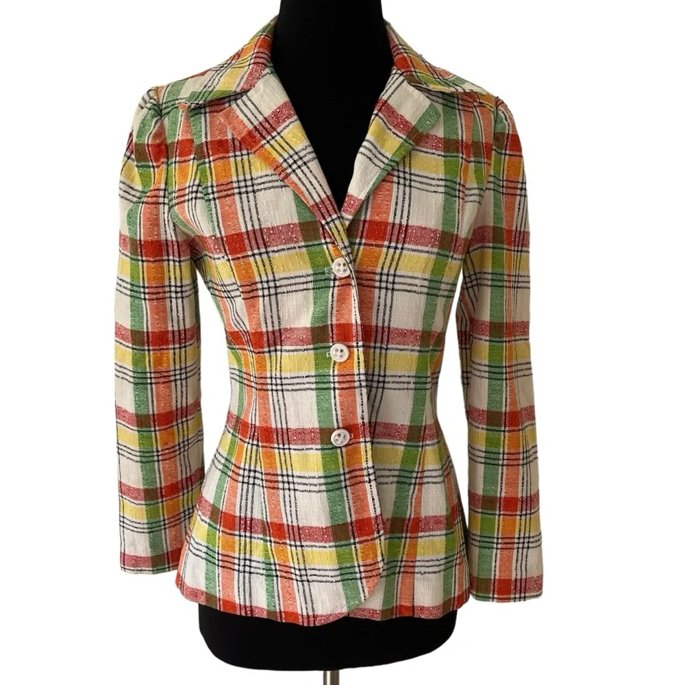 Vintage plaid blazer jacket multicolor fitted red orange green yellow - Picture 2 of 16